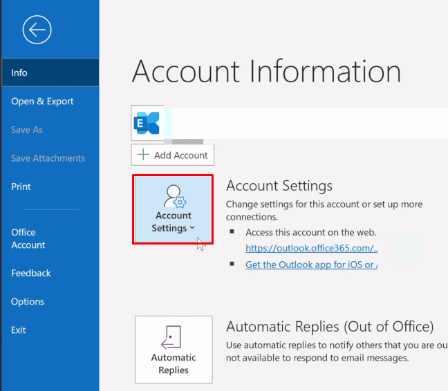 Klicken Sie nun im Menü „Info“ auf die Option „Kontoeinstellungen“, um das Dropdown-Menü „Kontoeinstellungen“ zu öffnen. | Was ist das gelbe Dreieck in Outlook? | Ausrufezeichen auf Ihrem E-Mail-Symbol