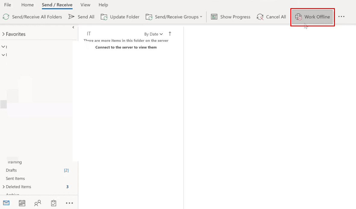 Sie müssen Ihr Outlook vom Offline-Arbeitsmodus in den Online-Modus umschalten, für den Sie auf die in diesem Screenshot gezeigte Option Offline arbeiten klicken müssen.
