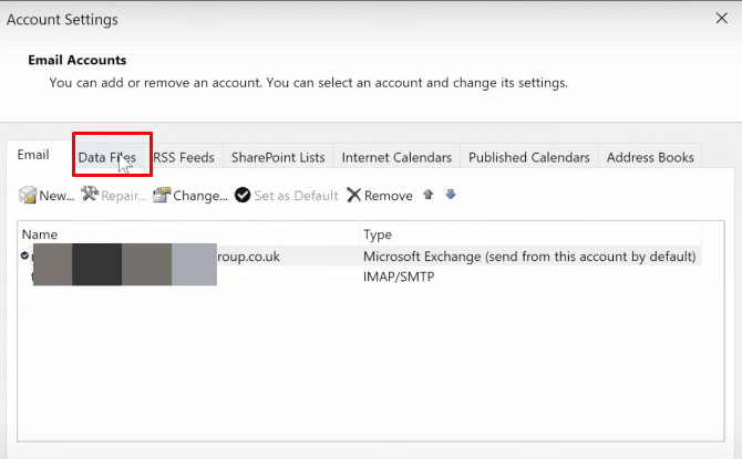 Klicken Sie auf die Option Datendateien, um zur Registerkarte Datendateien zu wechseln. | Was ist das gelbe Dreieck in Outlook? | Ausrufezeichen auf Ihrem E-Mail-Symbol