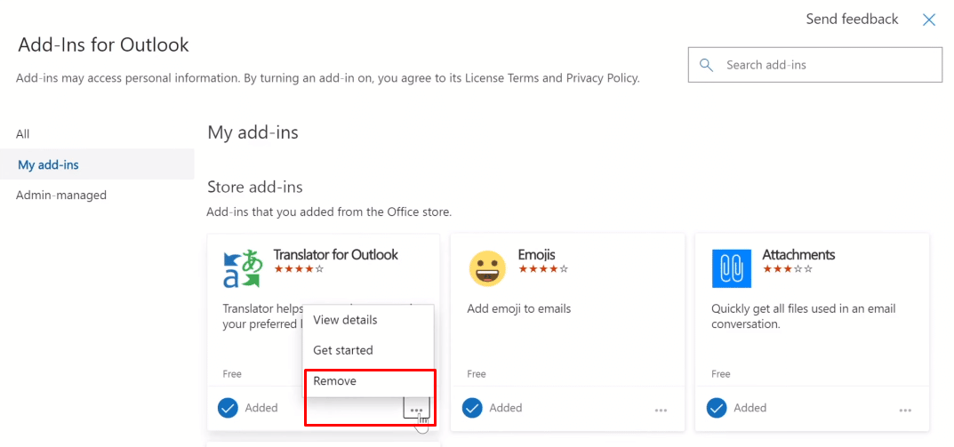 Klicken Sie nun auf die Option mit den drei Punkten (…) und wählen Sie dann die Option „Entfernen“, um diese Add-Ins oder Erweiterung aus Outlook zu entfernen. | Was ist das gelbe Dreieck in Outlook? | Ausrufezeichen auf Ihrem E-Mail-Symbol