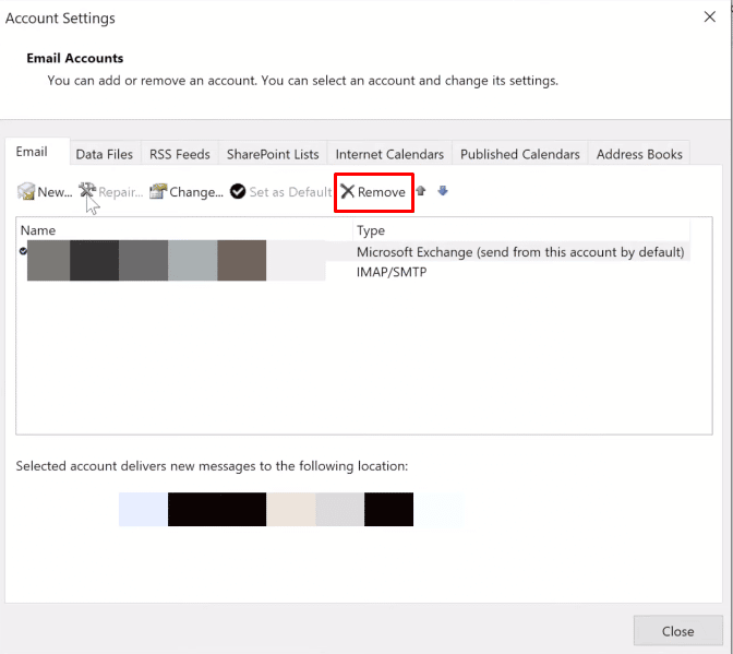 Deaktivieren Sie nun die Registerkarte E-Mail, Sie müssen den Server auswählen, mit dem sich Ihr Outlook verbinden soll, und klicken Sie dann auf die Option Entfernen.