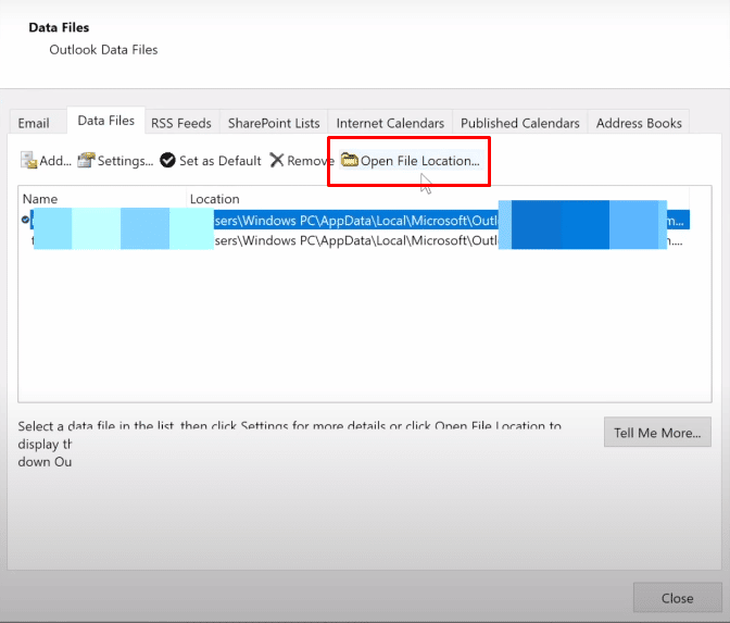 Jetzt müssen Sie auf der Registerkarte Datendateien eine E-Mail-Adresse auswählen, mit der Ihr Outlook eine Verbindung herstellen soll, und dann auf die Option Dateispeicherort öffnen klicken.