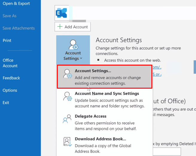 Klicken Sie im Dropdown-Menü Kontoeinstellungen auf Kontoeinstellungen | Was ist das gelbe Dreieck in Outlook?