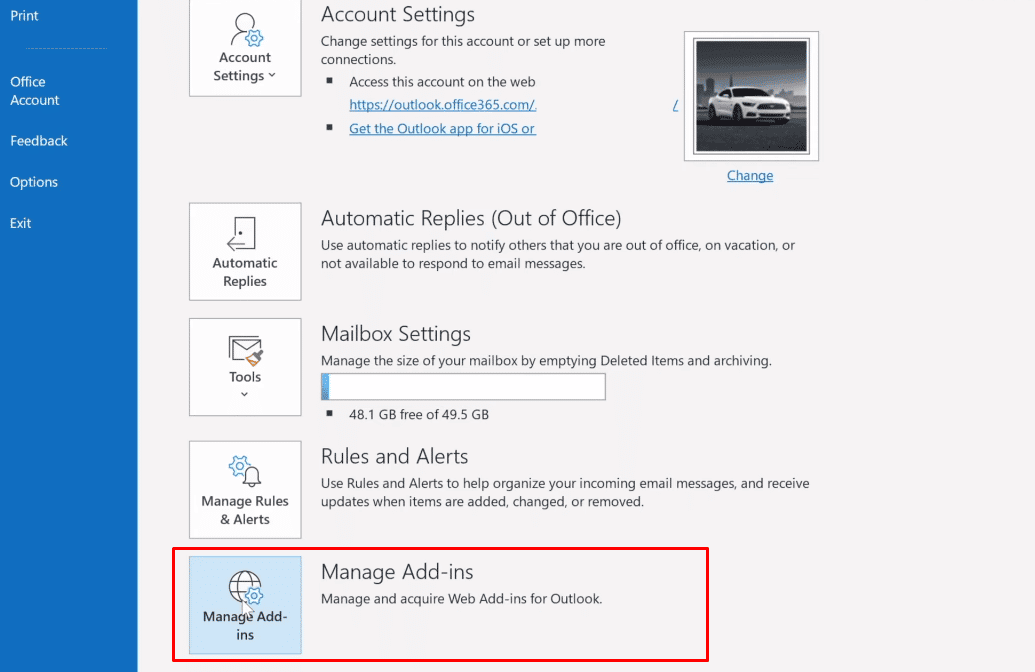 Klicken Sie auf die Option Add-Ins verwalten, um Web-Add-Ins in Outlook zu verwalten und zu erwerben