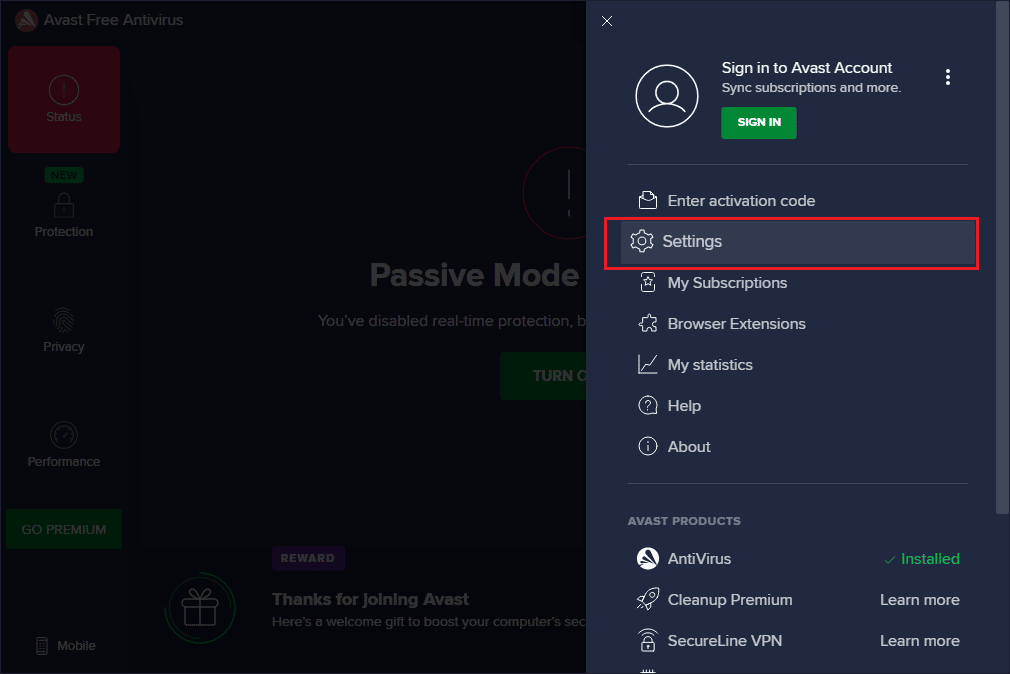 啟動 Avast Antivirus 並導航到菜單和設置