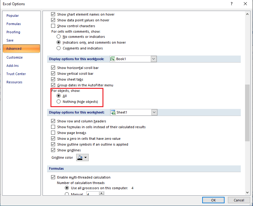 Em Para objetos, mostre: opções, selecione Todos. Como corrigir o erro de mover coluna do Excel