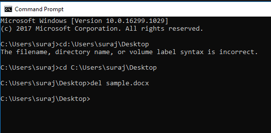 MS-DOSコマンドプロンプトでファイルを削除するには、コマンドを入力します
