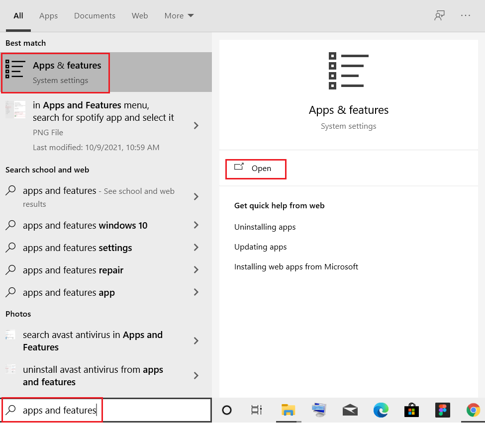 digita app e funzionalità e fai clic su Apri nella barra di ricerca di Windows 10. Come risolvere il codice di errore Origin 327683:0