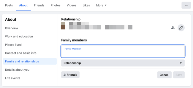 Facebook 가족 구성원 또는 관계 추가