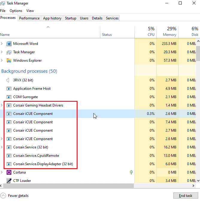 serviços corsair no gerenciador de tarefas