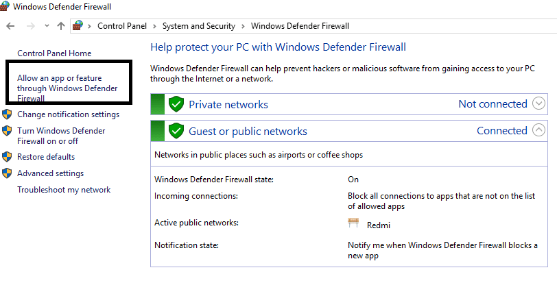 左側のウィンドウで[Windowsファイアウォールを介したアプリまたは機能の許可]をクリックします