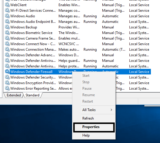 Windows Defenderを右クリックして、[プロパティ]を選択します