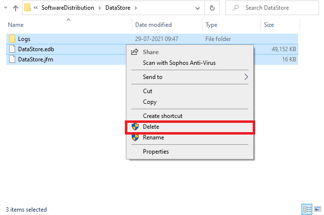selezionare l'opzione Elimina per rimuovere tutti i file e le cartelle dalla posizione di DataStore. Correggi l'errore di aggiornamento di Windows 10 0x800f0831