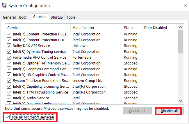 คลิกที่ซ่อนบริการของ Microsoft ทั้งหมด