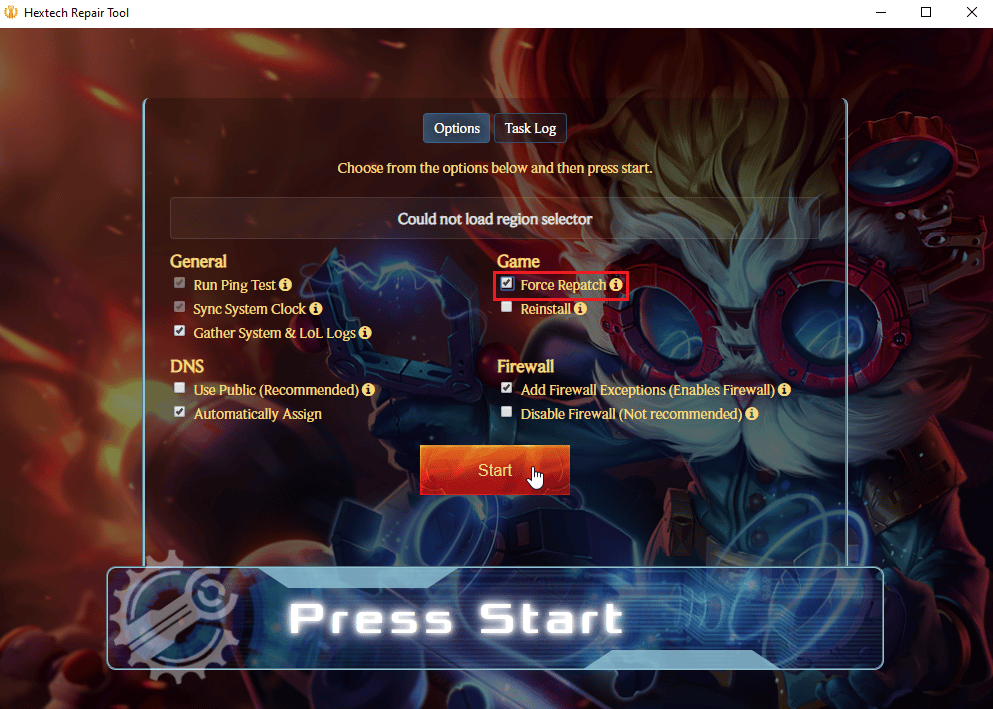 คลิกที่บังคับทำซ้ำและคลิกที่เริ่ม แก้ไข Ping สูงใน League of Legends