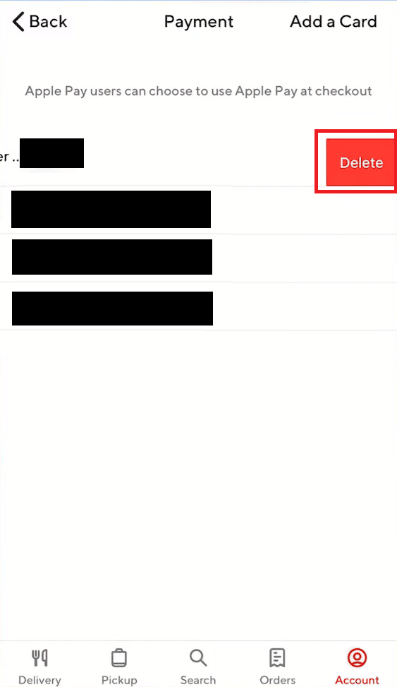 Deslice el dedo hacia la izquierda de la cuenta de PayPal y toque Eliminar