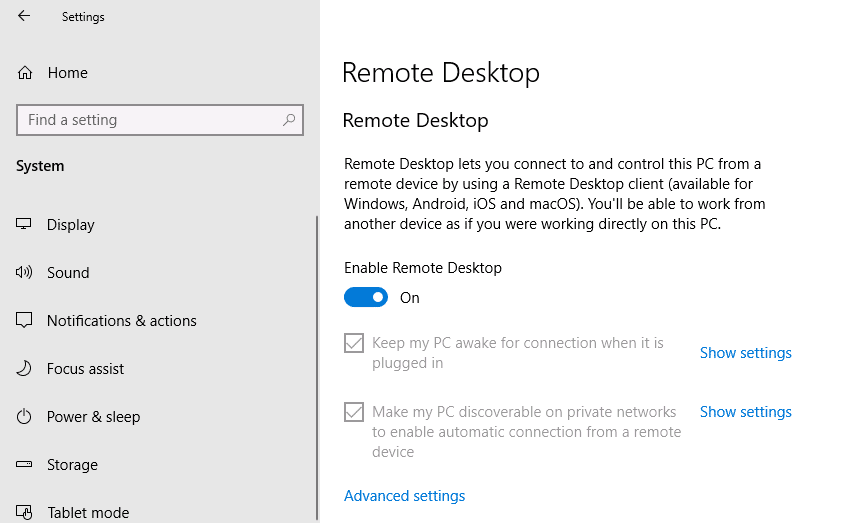 Windows10でリモートデスクトップを有効にする