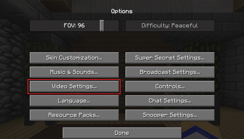 Minecraftの設定からビデオ設定を選択します