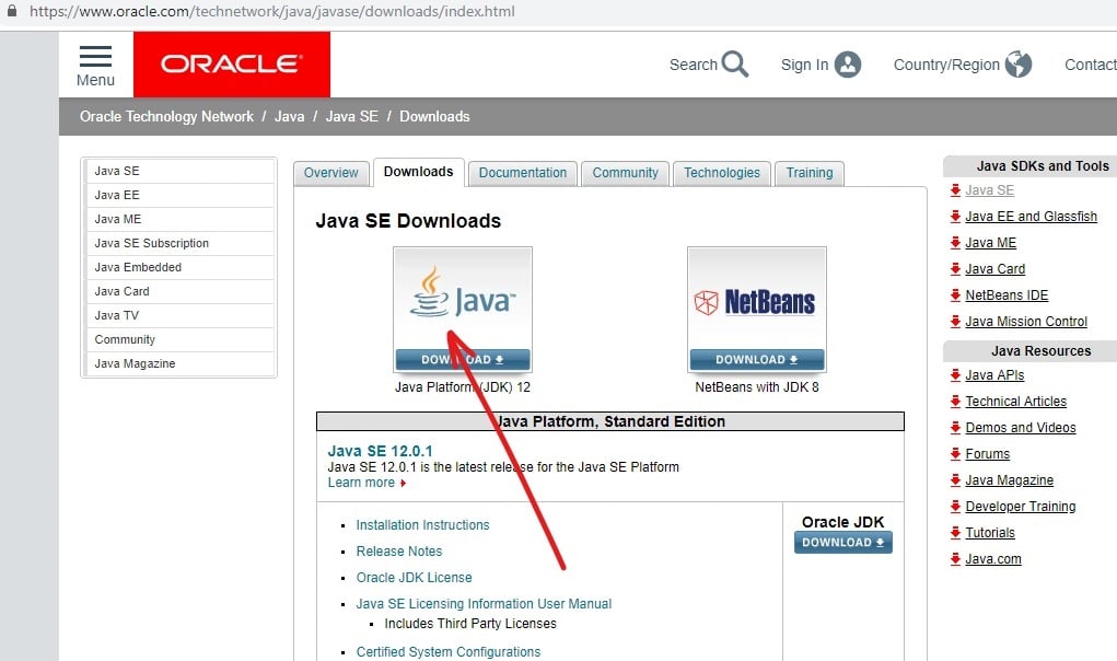 javaの公式Webサイトにアクセスし、javaのダウンロードをクリックします。
