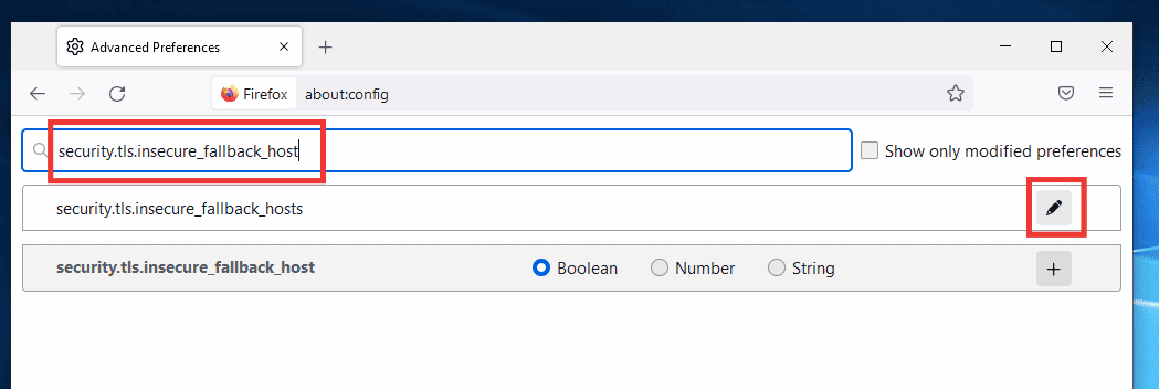 введите security.tls.insecure резервный хост в адресной строке Firefox