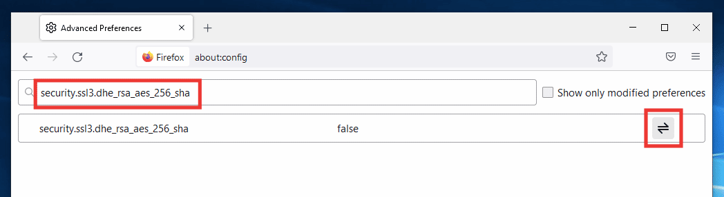 вставьте security.ssl3.dhe rsa aes 256 sha в диалоговое окно поиска и щелкните значок переключения, чтобы изменить значение на false