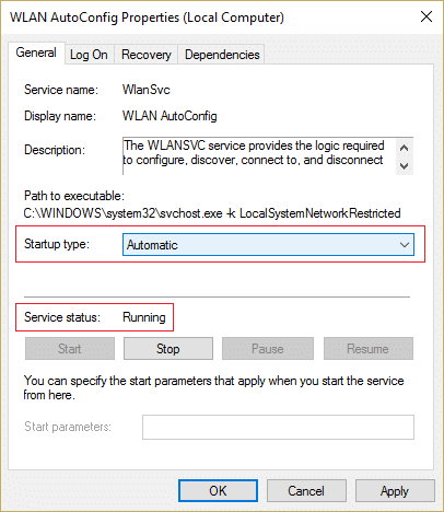 スタートアップタイプが自動に設定されていることを確認し、WLANAutoConfigサービスの開始をクリックします