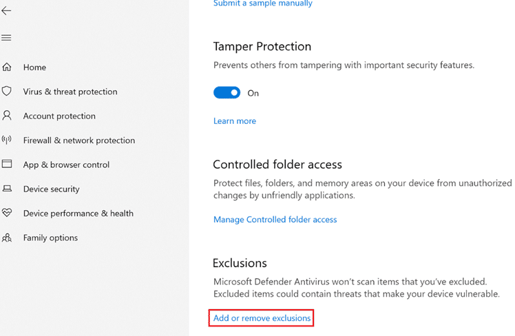 单击添加或删除排除项。修复 Origin 卡在 Windows 10 中恢复下载