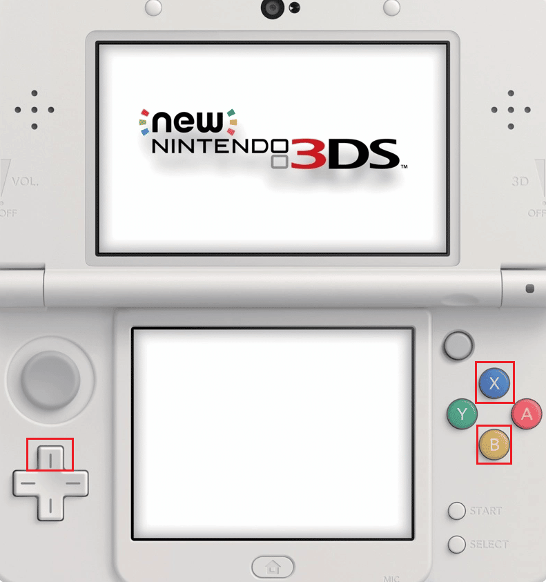 naciśnij jednocześnie klawisze X + B + Up na konsoli Nintendo 3DS | Jak usunąć Pokemon Ultra Moon Save