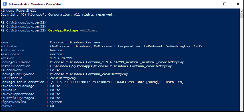Ketik Get-AppxPackage –AllUsers di Windows PowerShell