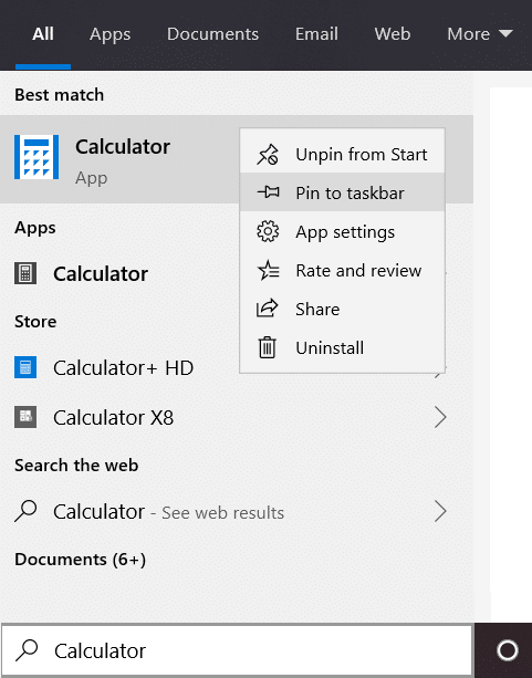 Cari aplikasi Kalkulator di bilah Pencarian Windows lalu klik kanan padanya dan pilih Sematkan ke bilah tugas
