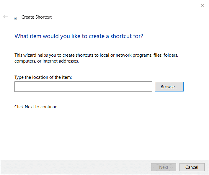 Dari kotak dialog Create Shortcut klik tombol Browse | Perbaiki Kalkulator Hilang atau Hilang