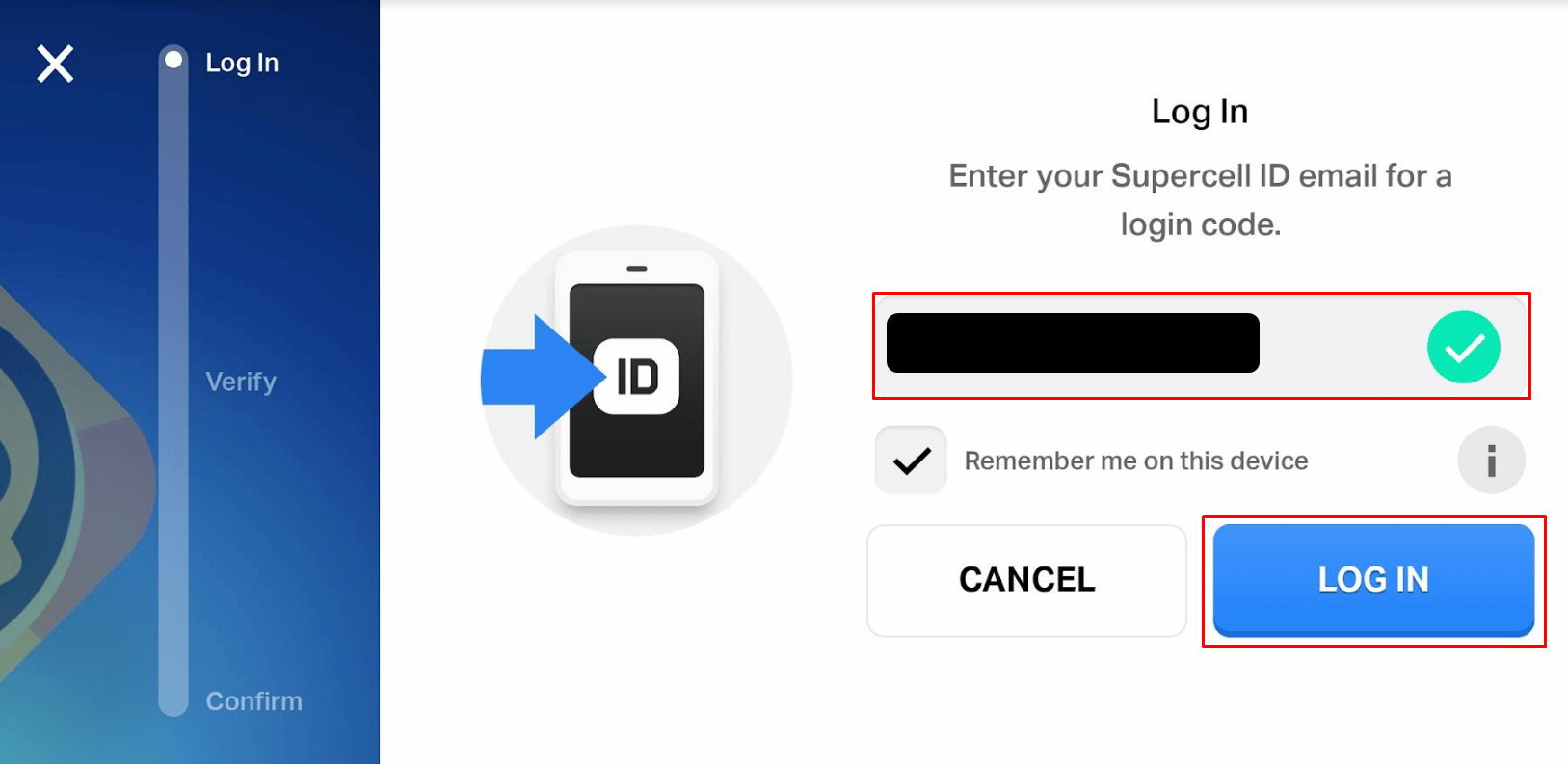 輸入與您以前的帳戶相關聯的 Supercell ID 的登錄憑據，然後點擊登錄