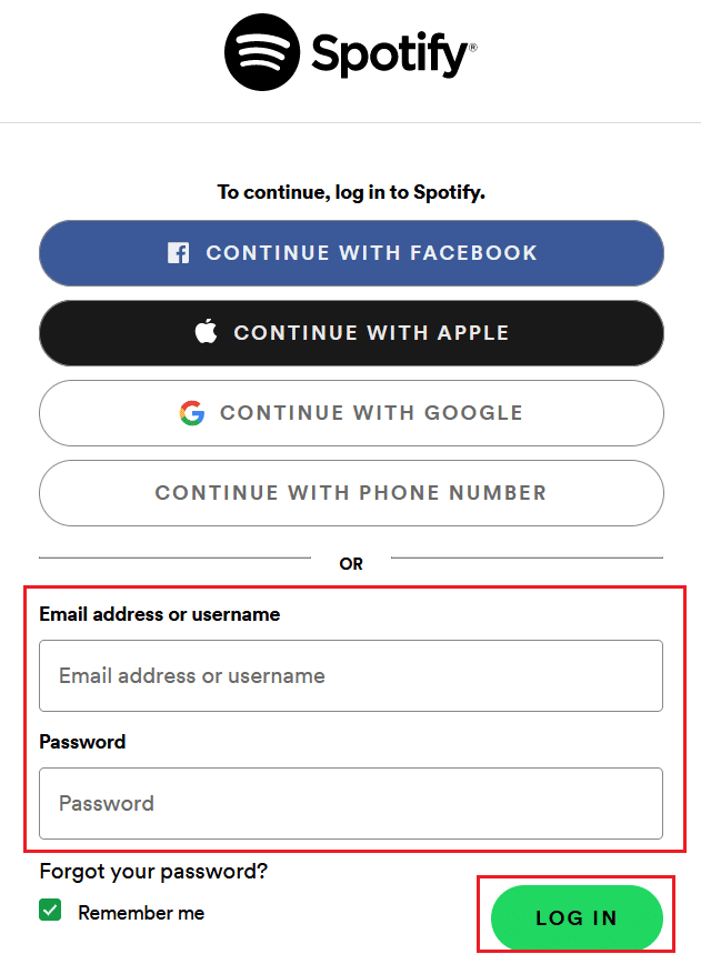 Besuchen Sie die Spotify-Seite in einem Browser und melden Sie sich mit den Kontoanmeldeinformationen bei Ihrem Konto an