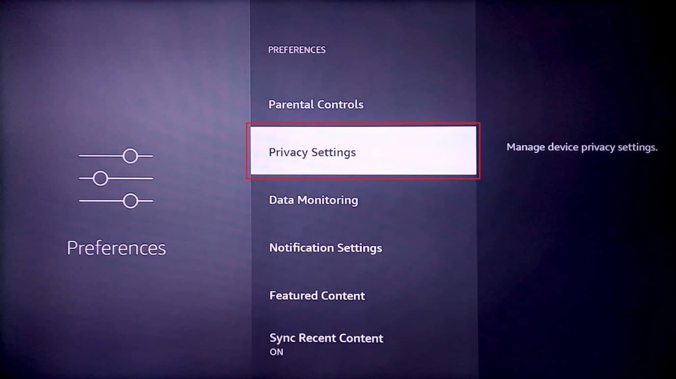 Drücken Sie auf Datenschutzeinstellungen. wie man die Leistung von Firestick verbessert