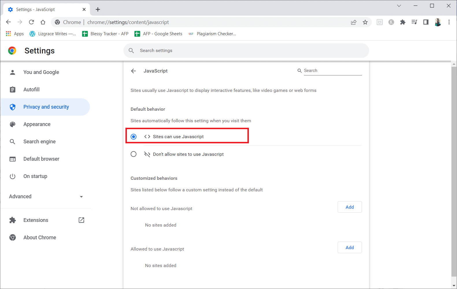 Ative a opção Sites podem usar JavaScript. Corrigir o erro de vídeo 5 no Apresentações Google