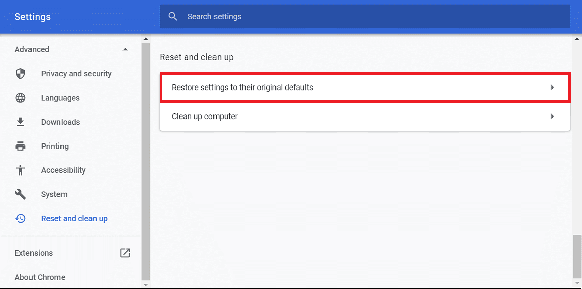 Clique na opção Restaurar configurações para seus padrões originais na opção Redefinir e limpar. Corrigir o erro de vídeo 5 no Apresentações Google