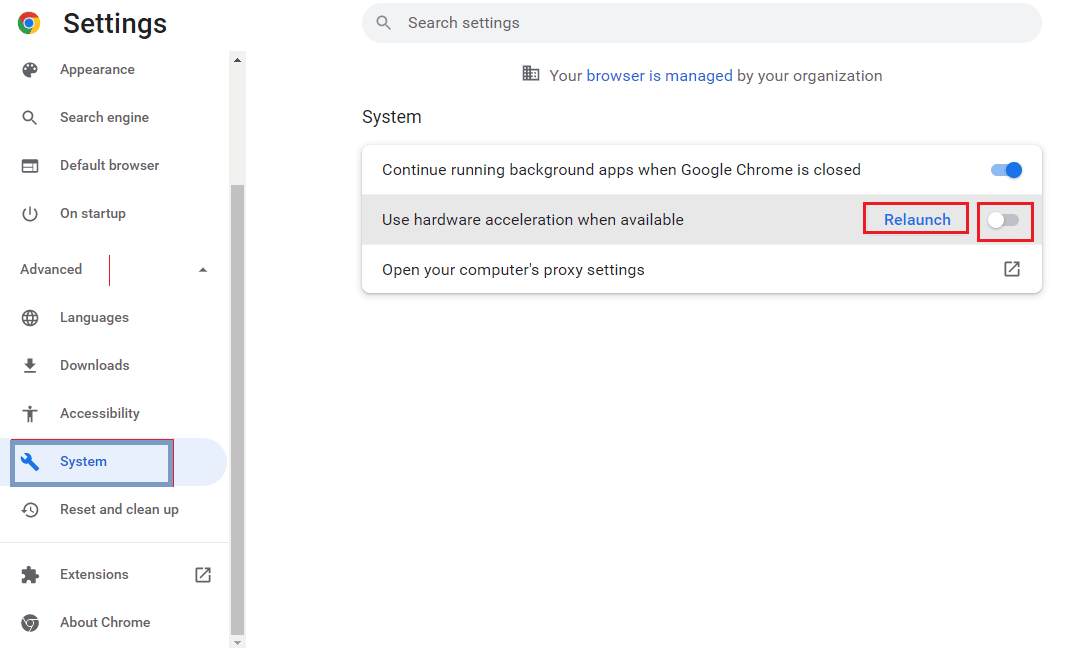 Desative a opção Usar aceleração de hardware quando disponível e clique no botão Reiniciar. Corrigir o erro de vídeo 5 no Apresentações Google
