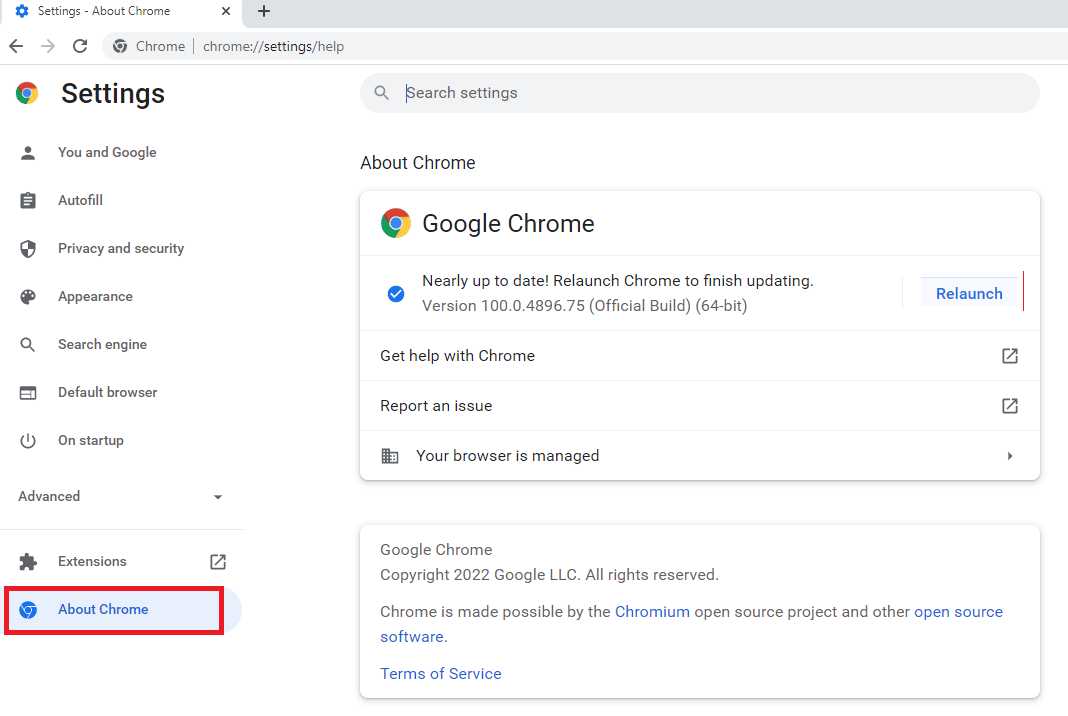 Clique na guia Sobre o Chrome na seção Avançado