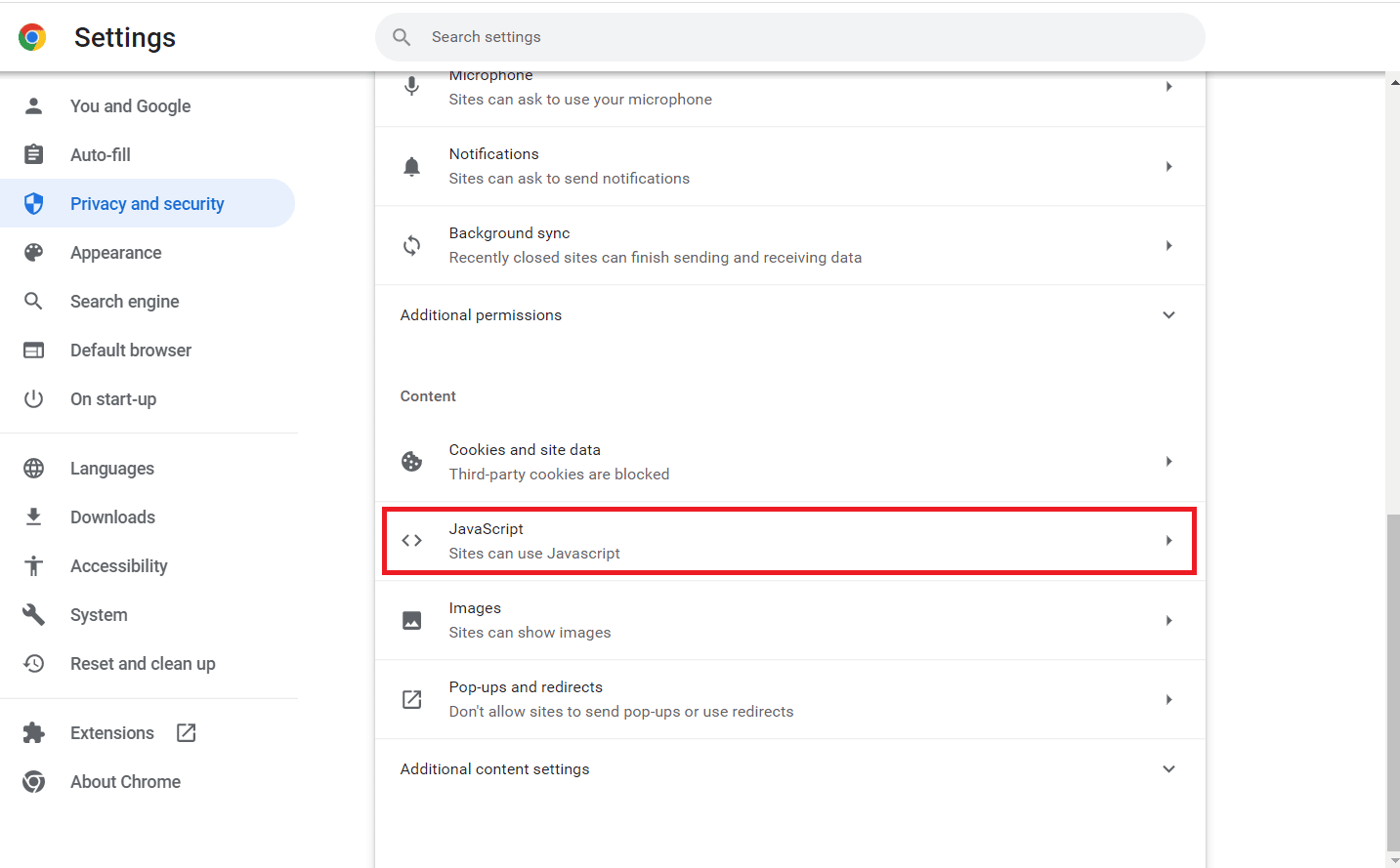 Configurações do site JavaScript Privacidade e segurança Chrome