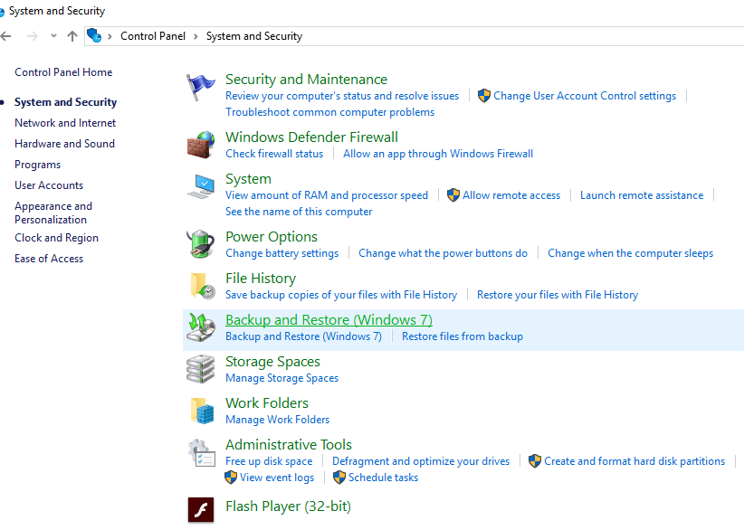 次に、コントロールパネルから[バックアップと復元]（Windows 7）をクリックします