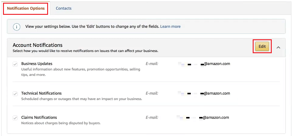 configuración de correo electrónico en Opciones de notificaciones - Editar