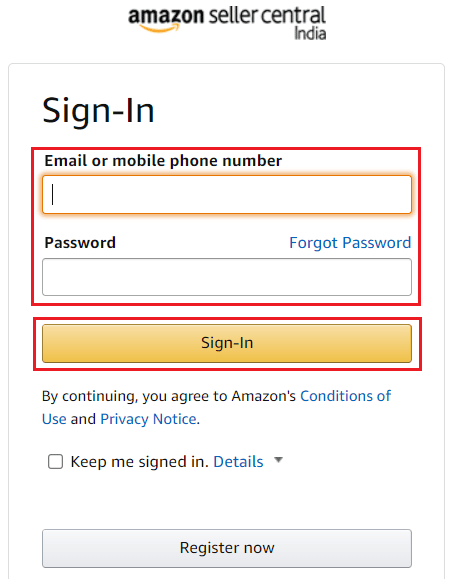 Inicie sesión en su cuenta de Amazon Seller Central