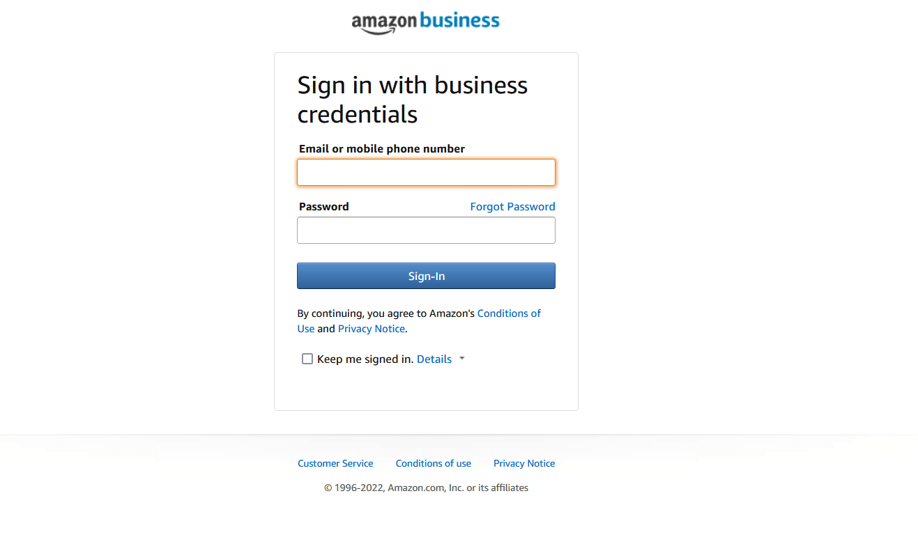 Inicio de sesión de Amazon Business con credenciales comerciales