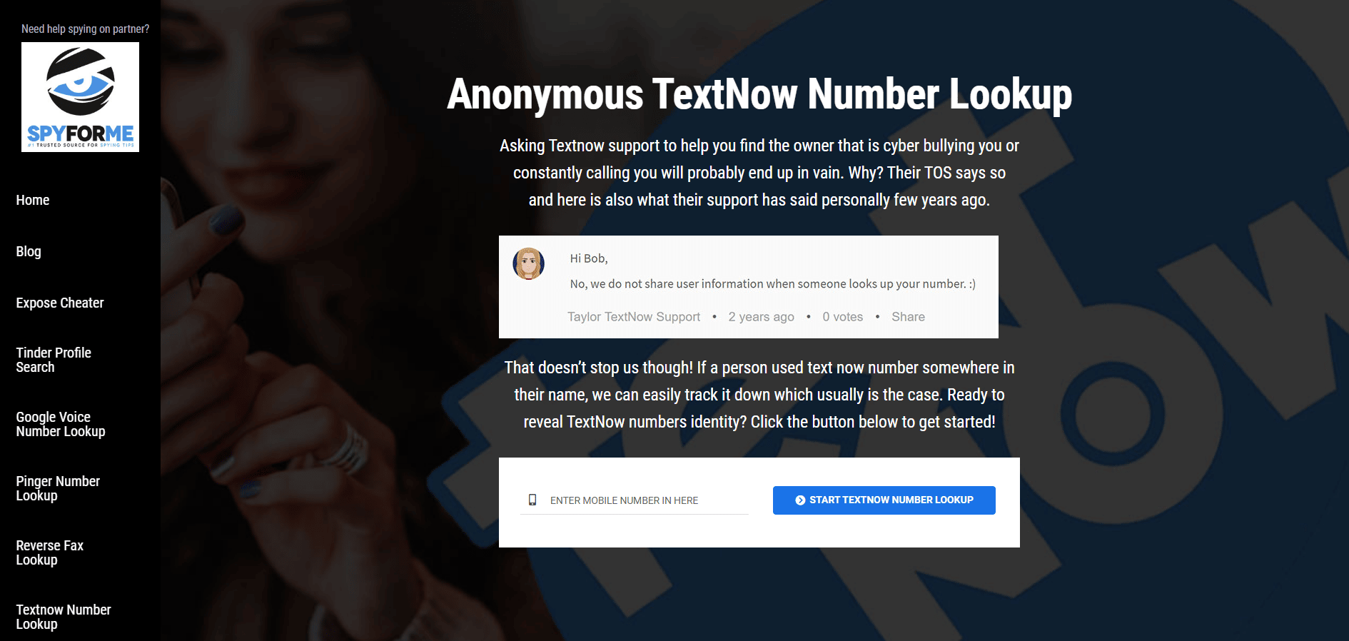 Vai allo strumento di ricerca del numero di TextNow anonimo su un browser.