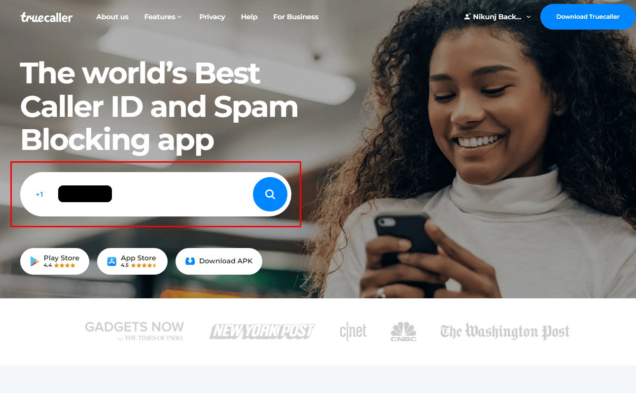 Inserisci il numero di TextNow nella casella di ricerca