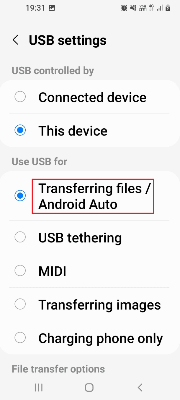 Нажмите на опцию «Передача файлов» или «Android Auto». Исправлена ​​​​ошибка, из-за которой передача файлов Android USB не работает в Windows 10