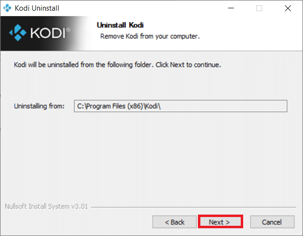 次のアンインストール ウィンドウで [次へ] をクリックします。終了するアプリケーションを作成できない Kodi エラーを修正