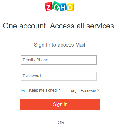 作成したZohoアカウントを使用するには、メールアドレスとパスワードを入力し、[サインイン]をクリックします。