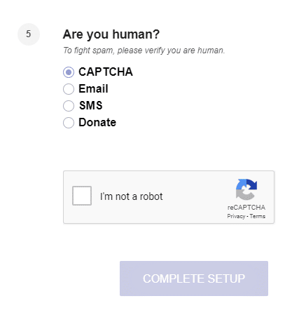 [私はロボットではありません]チェックボックスをオンにして、[セットアップの完了]をクリックします