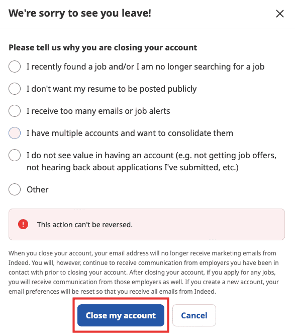pilih salah satu alasannya dan klik tutup akun saya